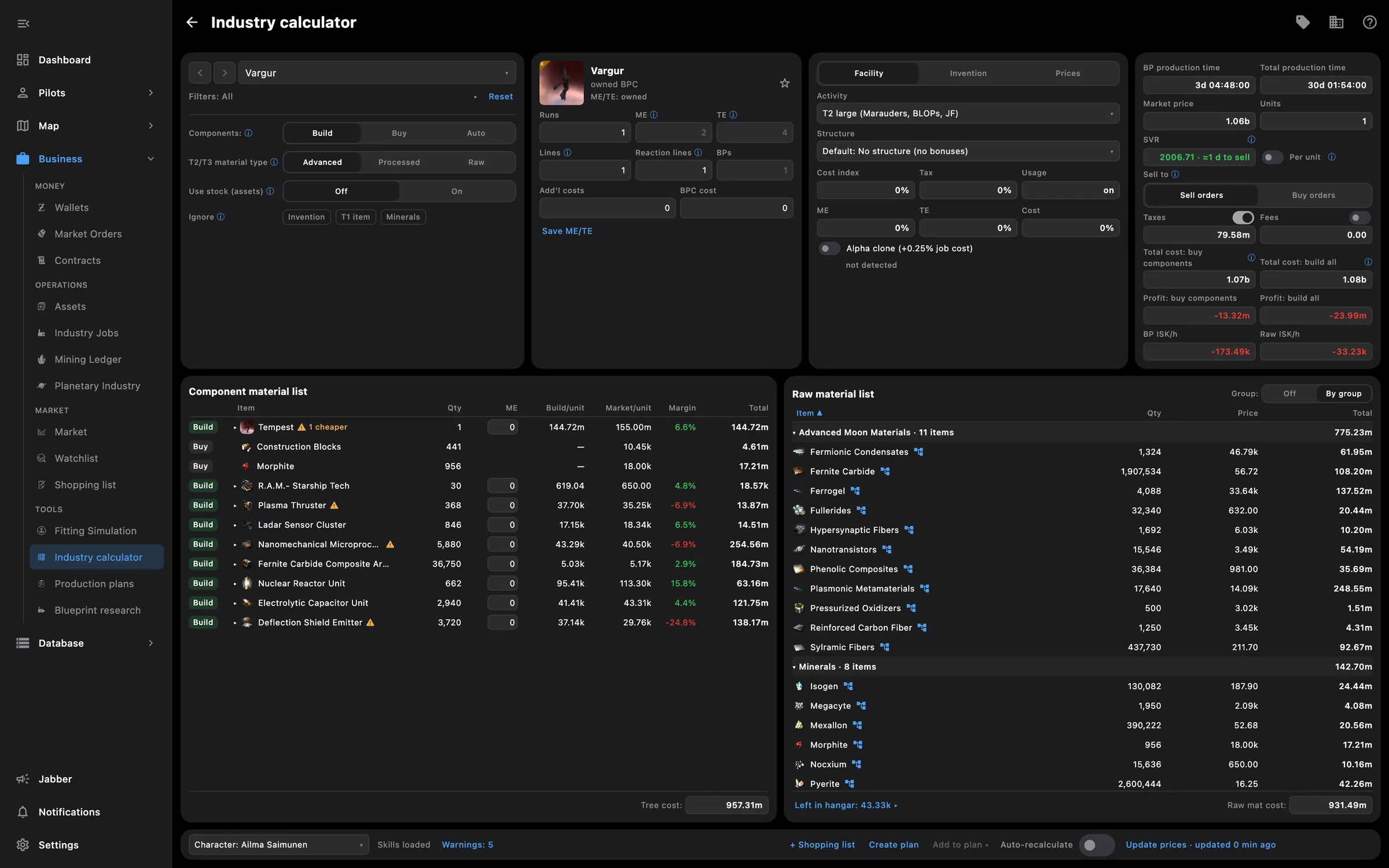 Industry calculator with the build tree