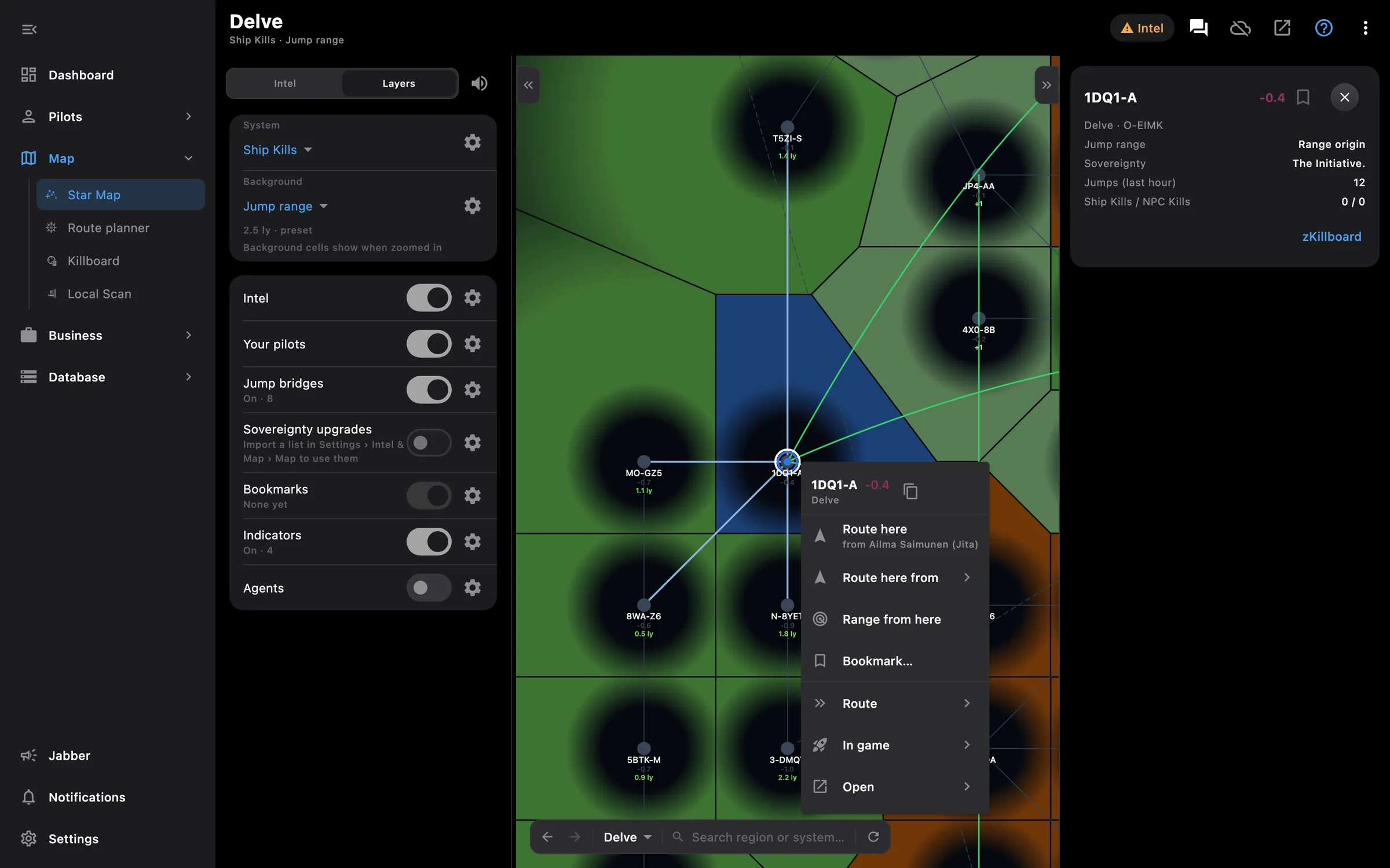Jump range from a nullsec system with the context menu open