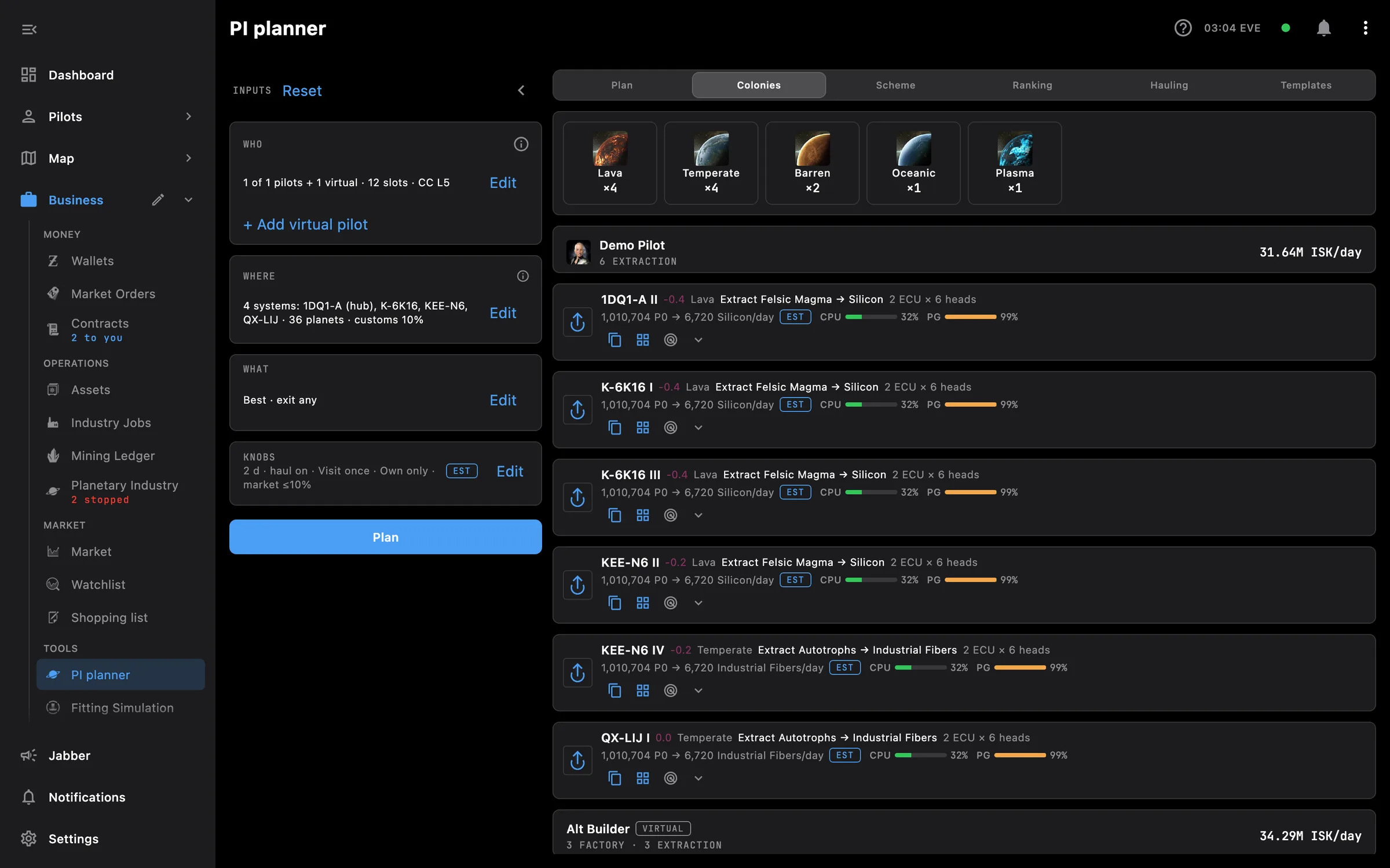 PI planner on desktop: inputs on the left, the planned colonies per pilot with roles, output per day and CPU and PG fit