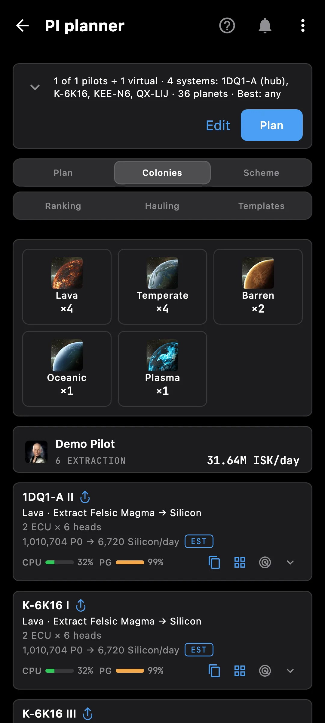 PI planner on a phone: planet types in the plan and each pilot's colonies with role, output per day and CPU and PG fit