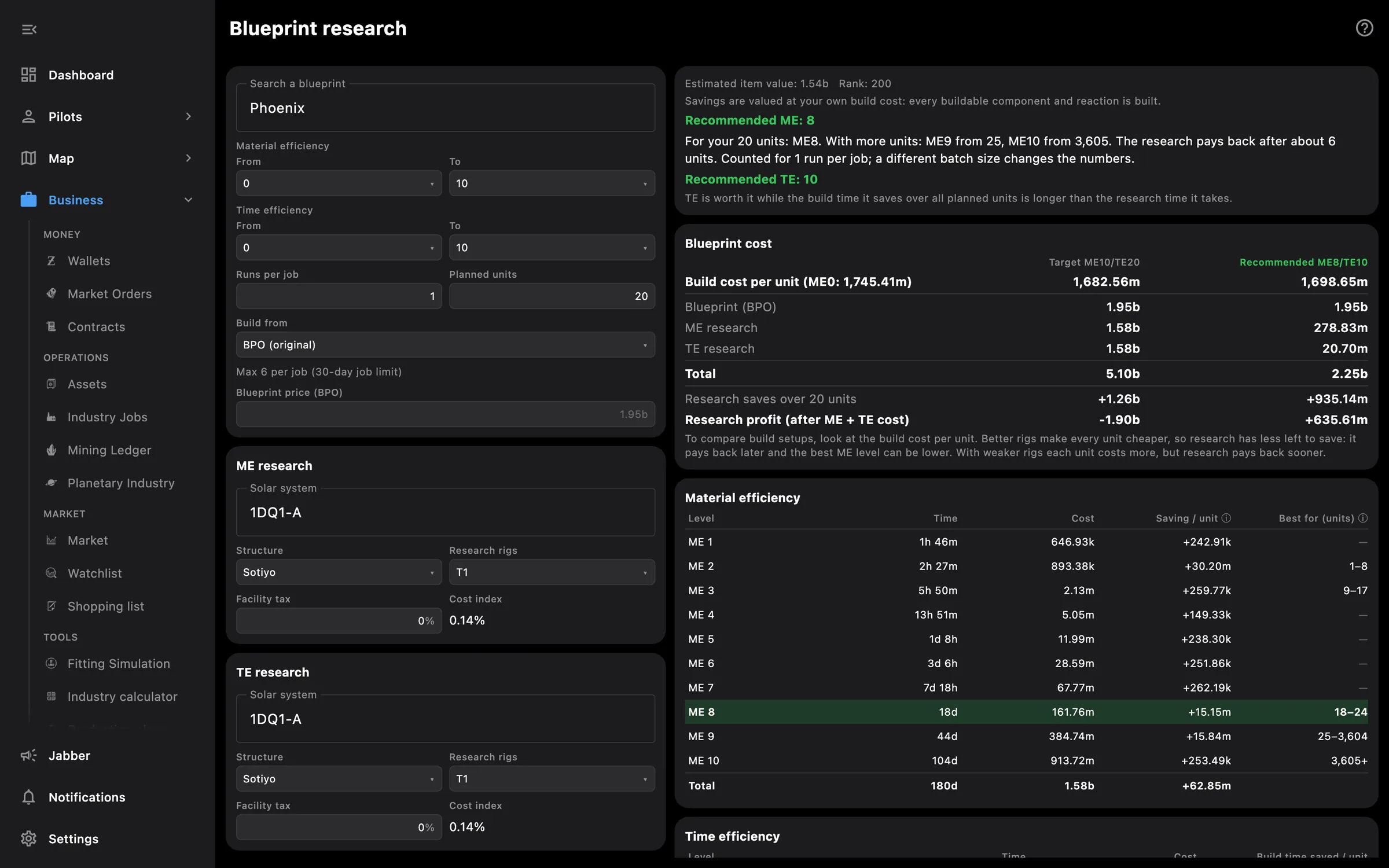 Blueprint research calculator: recommended ME8, cost and payback for each material efficiency level