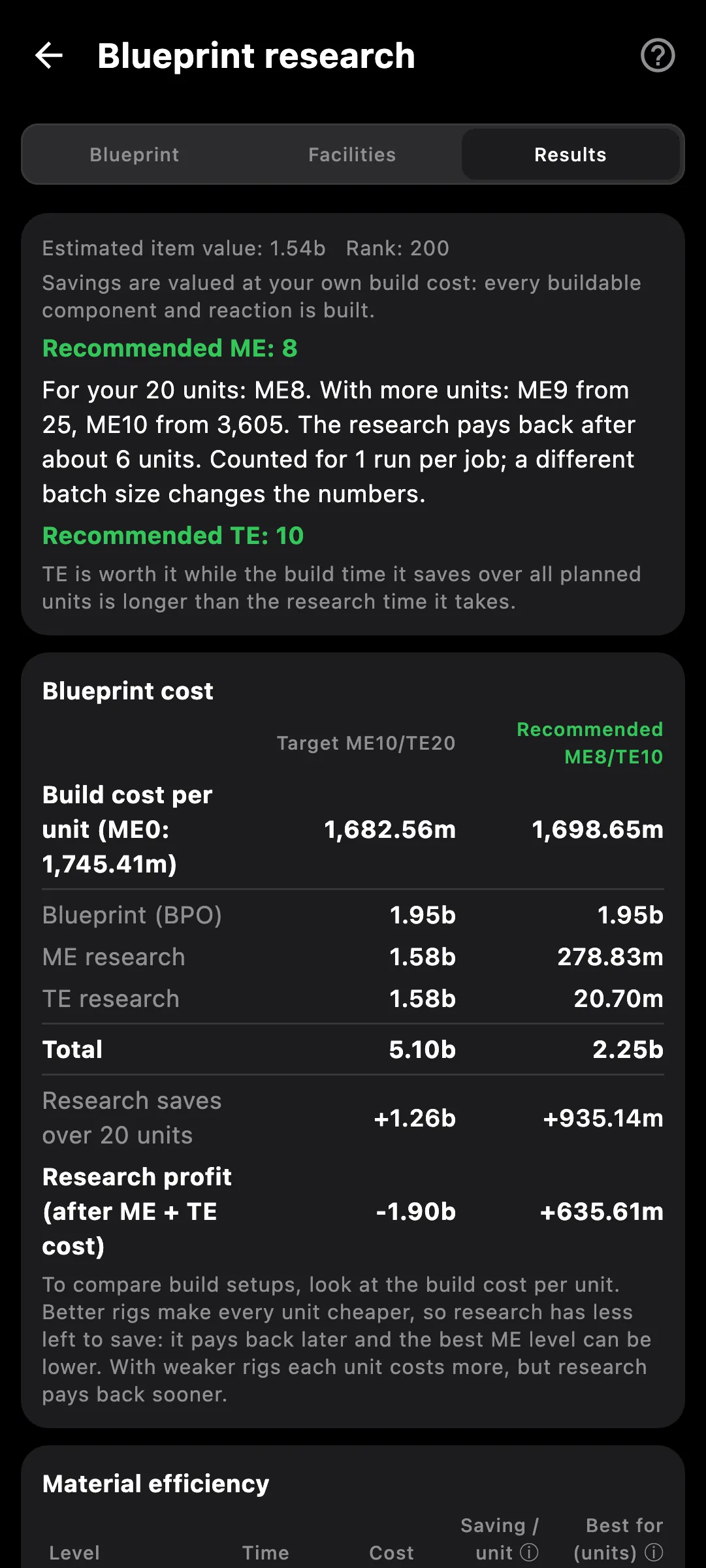 Blueprint research calculator on a phone